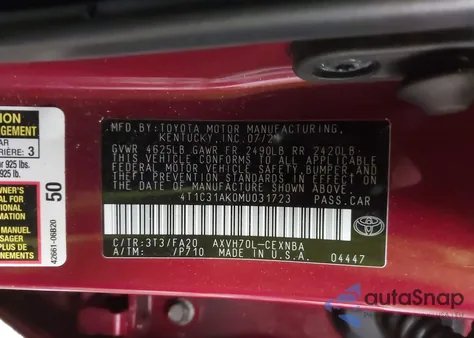 2021 Toyota Camry Le Hybrid z USA, uszkodzony, nr VIN 4T1C31AK0MU031723